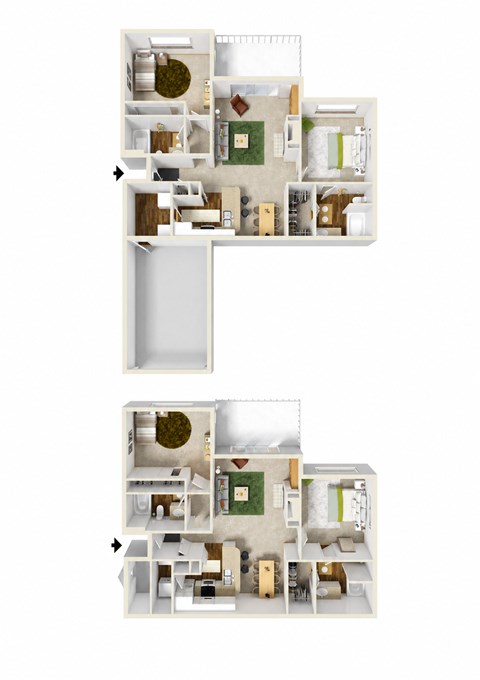 Floor plan for 2 beds, 2 baths, 990 sqft